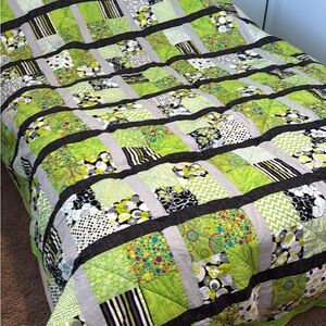 Handmade Machine Quilted Green and Black Patchwork Quilt